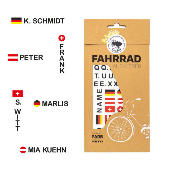 Farbviereck Fahrradsticker Name mit Flagge schwarz für Fahrrad, Roller und Helm