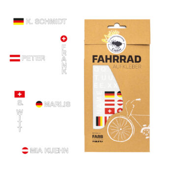 Farbviereck Fahrradsticker Name mit Flagge weiß für Fahrrad, Roller und Helm