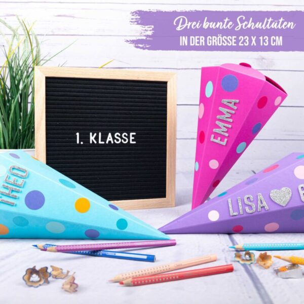 Papierdrachen 3er Set Geschwister Schultüten – Türkis, Lila, Pink – Bild 3