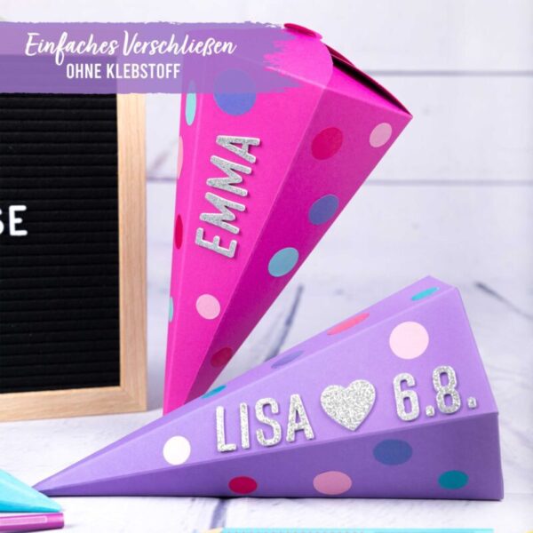 Papierdrachen 3er Set Geschwister Schultüten – Türkis, Lila, Pink – Bild 4